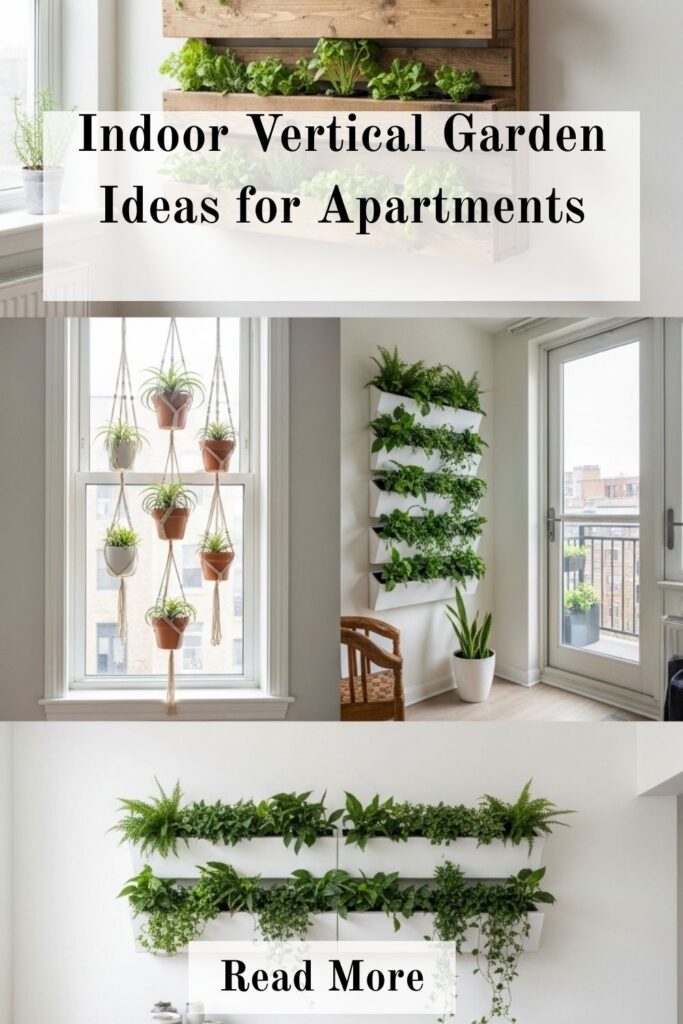 25+ Vertical Garden Ideas to Maximize Small Spaces special 4 Modern apartment interior with a wall-mounted vertical garden featuring hanging planters and lush green plants.