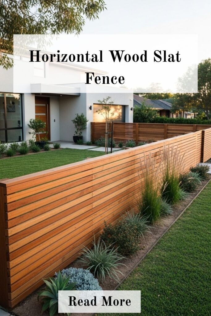 20+ Front Yard Fence Ideas That Boost Curb Appeal Instantly 2 Modern front yard featuring a horizontal wood slat fence, providing privacy and contemporary style for home landscaping.
