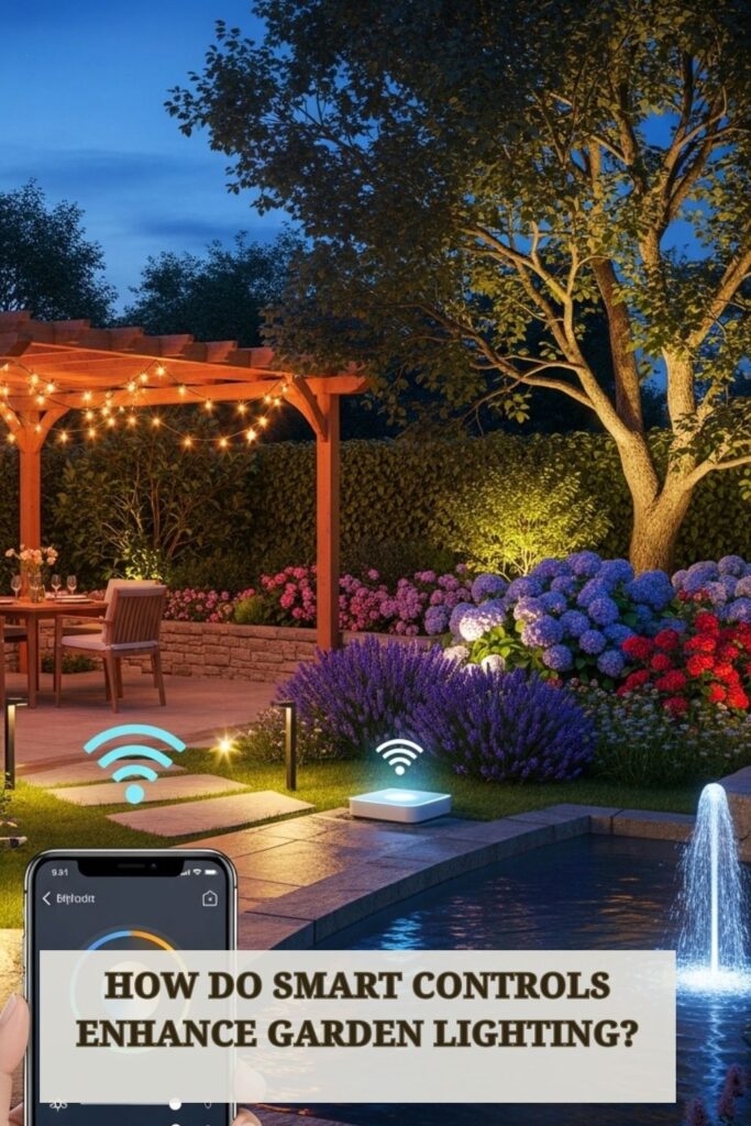 27+ Garden Lighting Ideas to Transform Outdoor Spaces After Dark 4 Modern garden with smart-controlled lights, including sensors and app-based automation, illuminating pathways, trees, and seating areas.
