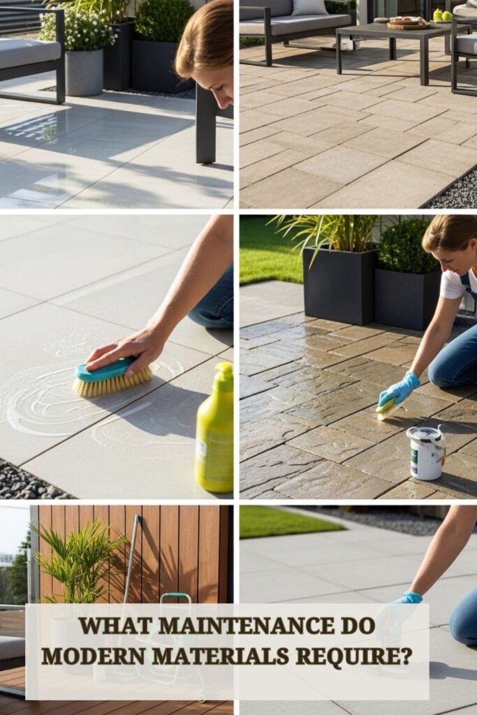 20+ Modern Outdoor Flooring Ideas for Redefine Outdoor Living 5 Modern outdoor flooring made of porcelain and stone being cleaned and maintained on a patio with garden plants.