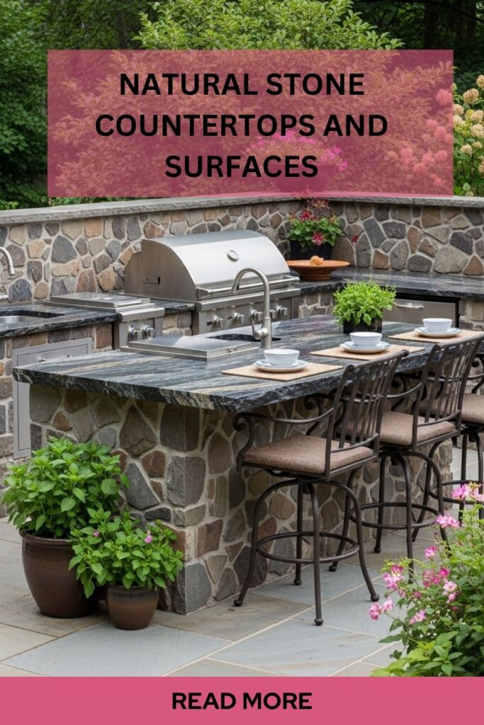 20+ Outdoor Kitchen Patio Design Trends Transforming Backyards in 2025 4 Outdoor kitchen with natural stone countertops, granite island surface, and textured stone backsplash on patio.