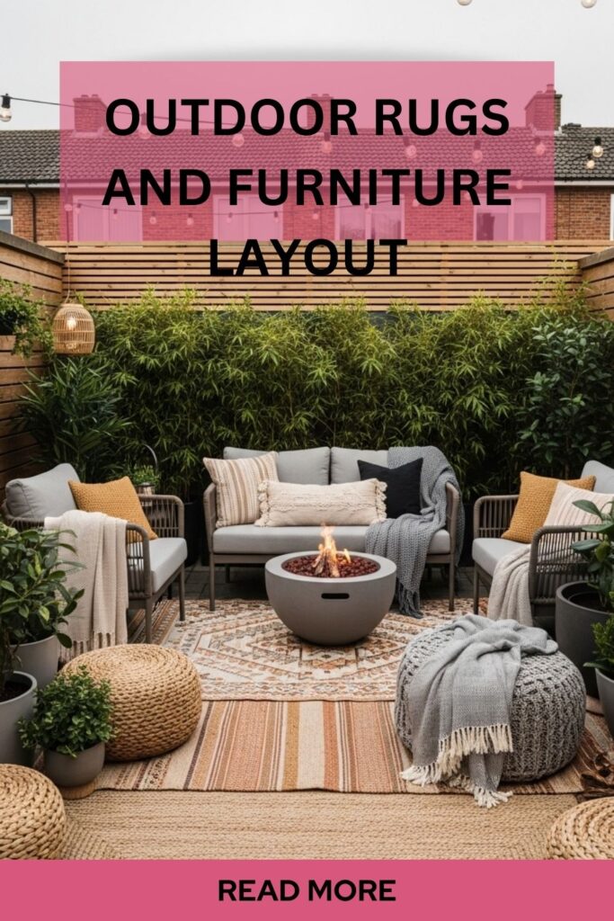 20+ Affordable Backyard Privacy Ideas to Block Neighbors View 4 Outdoor patio with patterned rug and strategically arranged furniture creating a defined and cozy private seating area.