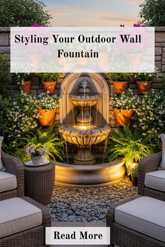 Affordable Outdoor Wall Fountains That Look Expensive 4 Outdoor wall fountain styled with potted plants, landscape lighting, decorative stones, and coordinated patio seating.