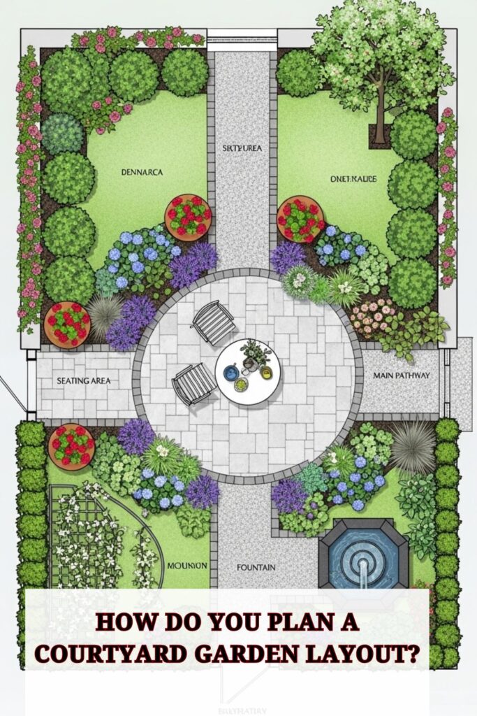 45+ Courtyard Garden Design Ideas 2 Overhead view of a courtyard garden layout plan with pathways, seating areas, raised beds, and decorative plants, showing a well-organized and visually appealing outdoor design.