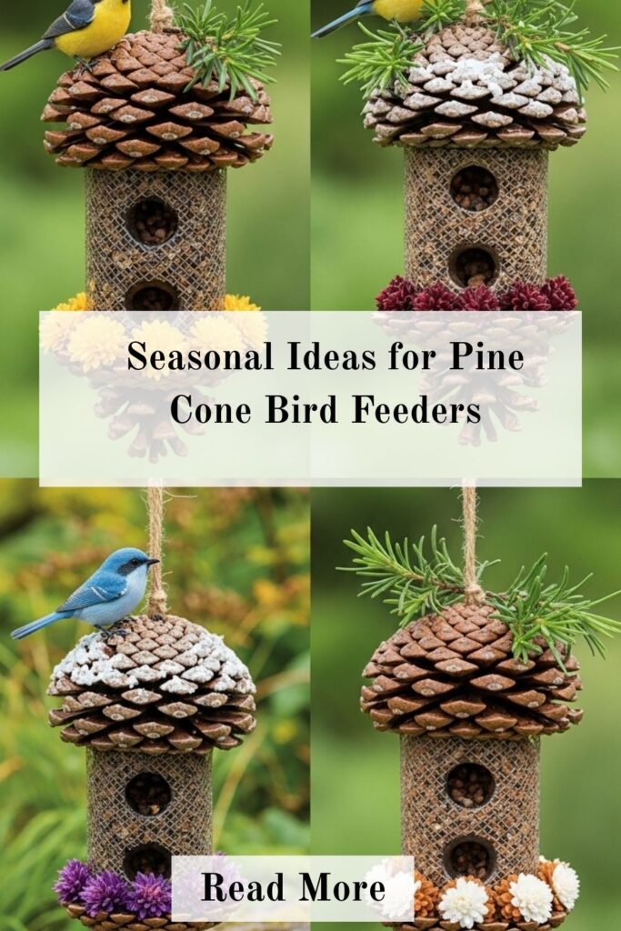 DIY Pine Cone Bird Feeders for Easy Backyard Bird Care 3 Pine cone bird feeders decorated for different seasons and hanging on tree branches in a backyard garden