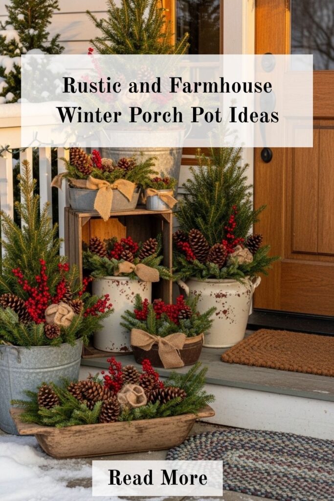 Gorgeous Winter Porch Pot Ideas for Beautiful Front Door 3 Rustic farmhouse winter porch pot with evergreen branches, pine cones, berries, and burlap accents by front door.