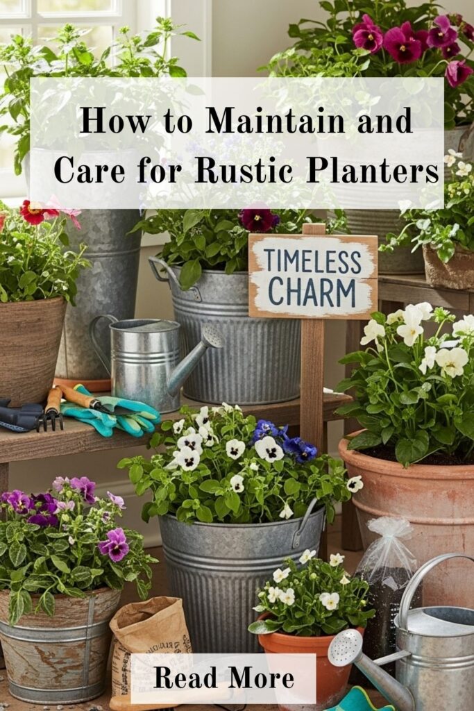 Rustic Planter Ideas That Bring Timeless Charm to Your Home 5 Rustic planter care tips showing wooden, metal, and terracotta planters with healthy plants, proper drainage, and seasonal maintenance in a garden or home setting.