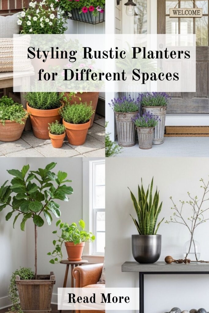 Rustic Planter Ideas That Bring Timeless Charm to Your Home 4 Rustic planter ideas styled in various spaces including patios, porches, and indoor corners with wooden, metal, and terracotta planters filled with lush greenery and flowers.
