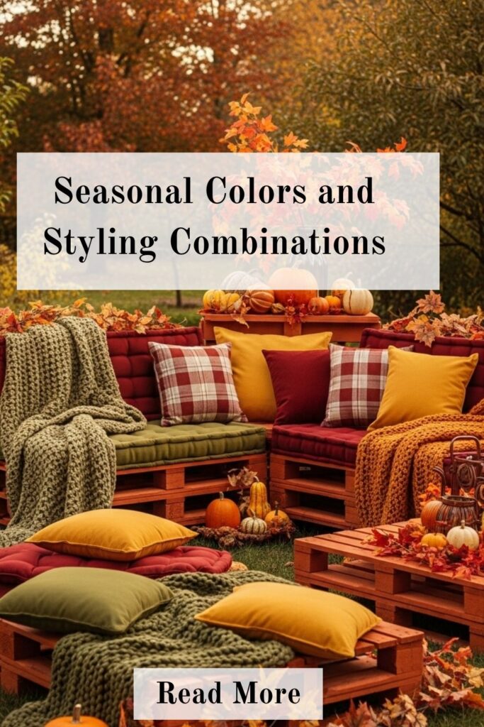 Unique Pallet Garden Furniture Ideas for Stylish Outdoor Living 3 Seasonal colors and styling combinations for pallet garden furniture featuring cushions and décor in spring, summer, autumn, and winter tones