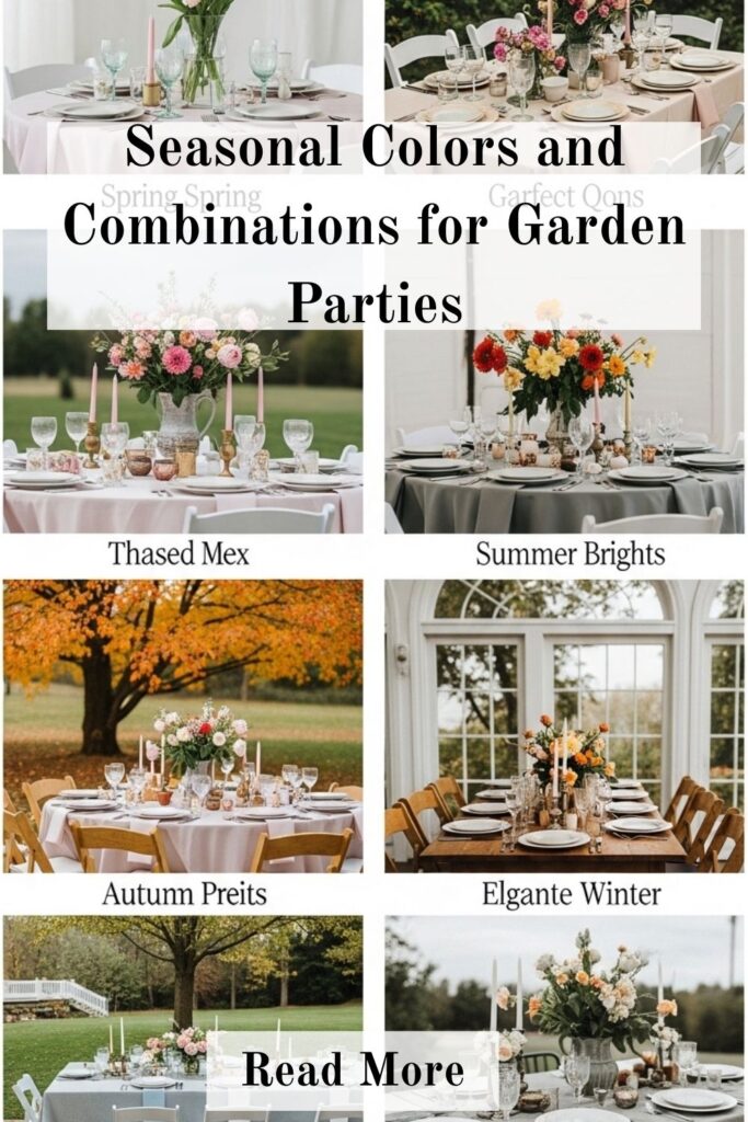 27+ Stunning Garden Party Ideas for Stylish Outdoor Celebrations 3 Seasonal garden party setup featuring spring pastels, summer bright flowers, autumn warm tones, and winter elegant décor with coordinated table settings and outdoor seating.