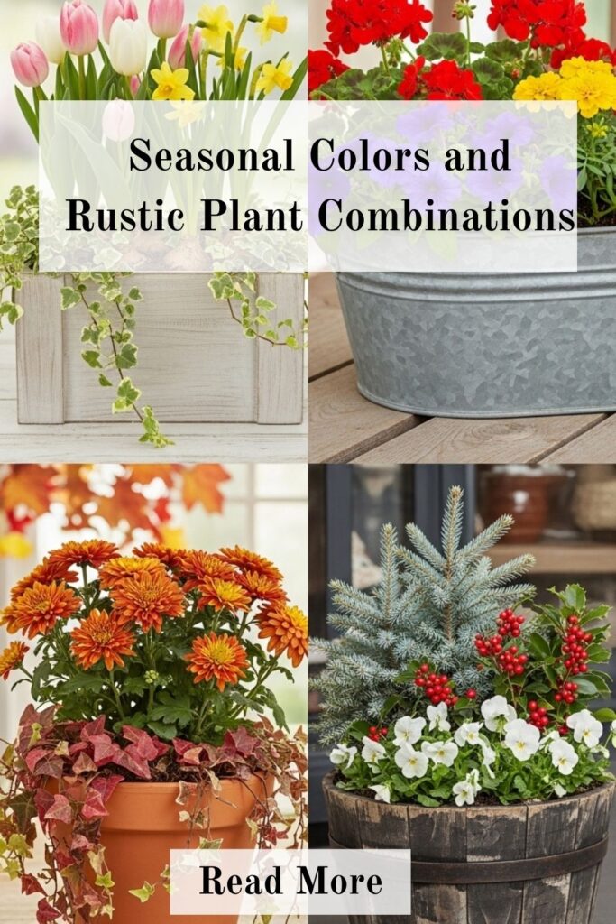 Rustic Planter Ideas That Bring Timeless Charm to Your Home 3 Seasonal rustic planter ideas featuring colorful flowers, autumn leaves, and winter evergreens in wooden, metal, and terracotta planters arranged beautifully in an outdoor garden.