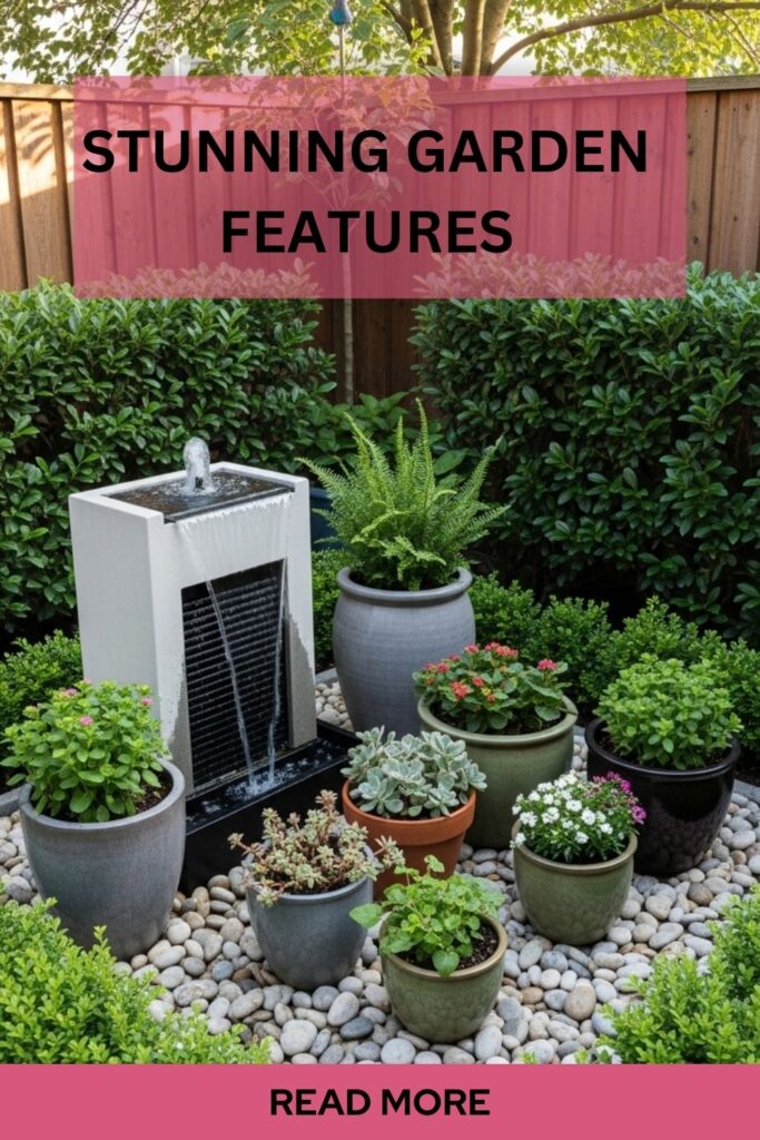 Stunning Garden Features That Transform Any Outdoor Space 2 Small garden with compact corner water fountain, potted plants, and pebble landscaping ideal for limited outdoor space.