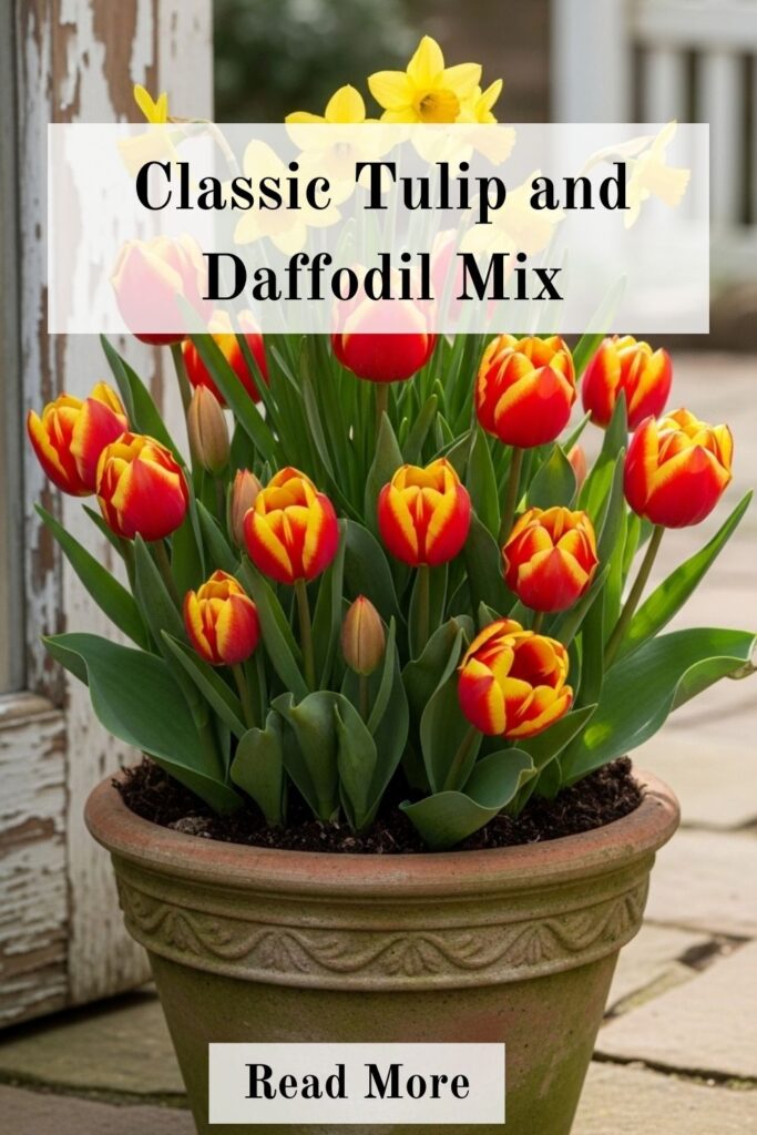 20+ Stunning Spring Planter Ideas for a Fresh Garden Look 2 Spring planter featuring red and yellow tulips mixed with bright daffodils in a decorative outdoor pot for a classic seasonal display.