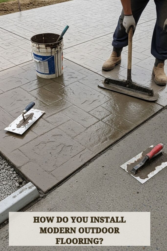 20+ Modern Outdoor Flooring Ideas for Redefine Outdoor Living 3 Step-by-step installation of modern outdoor flooring on a backyard patio with wooden decking and stone tiles.