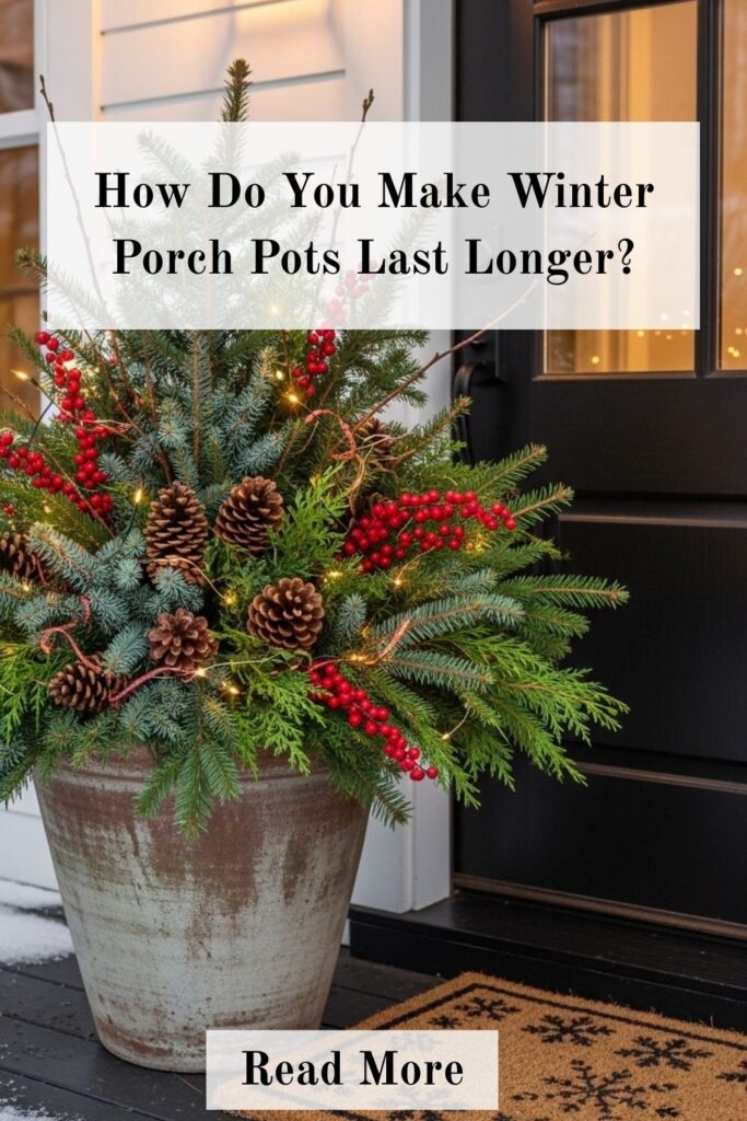 Gorgeous Winter Porch Pot Ideas for Beautiful Front Door 5 Tips for making winter porch pots last longer including watering, using evergreen branches, and protecting from frost and wind.