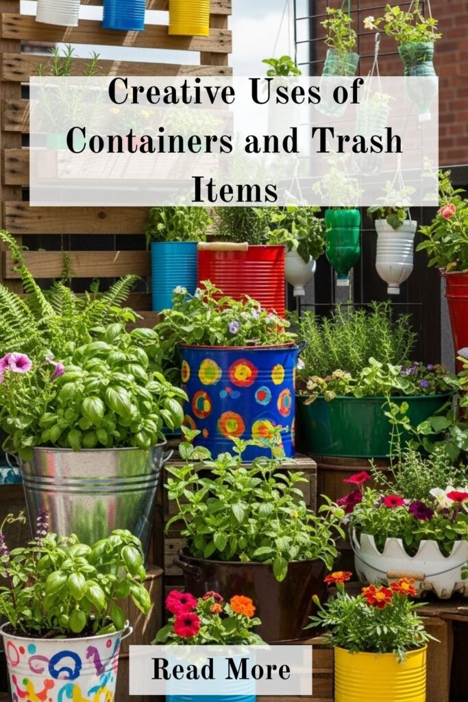 25+ Gardening Hacks Using Everyday Items for Smarter Growing 4 Upcycled garden setup using old buckets, tins, bottles, and pallets as creative planters filled with lush green plants.