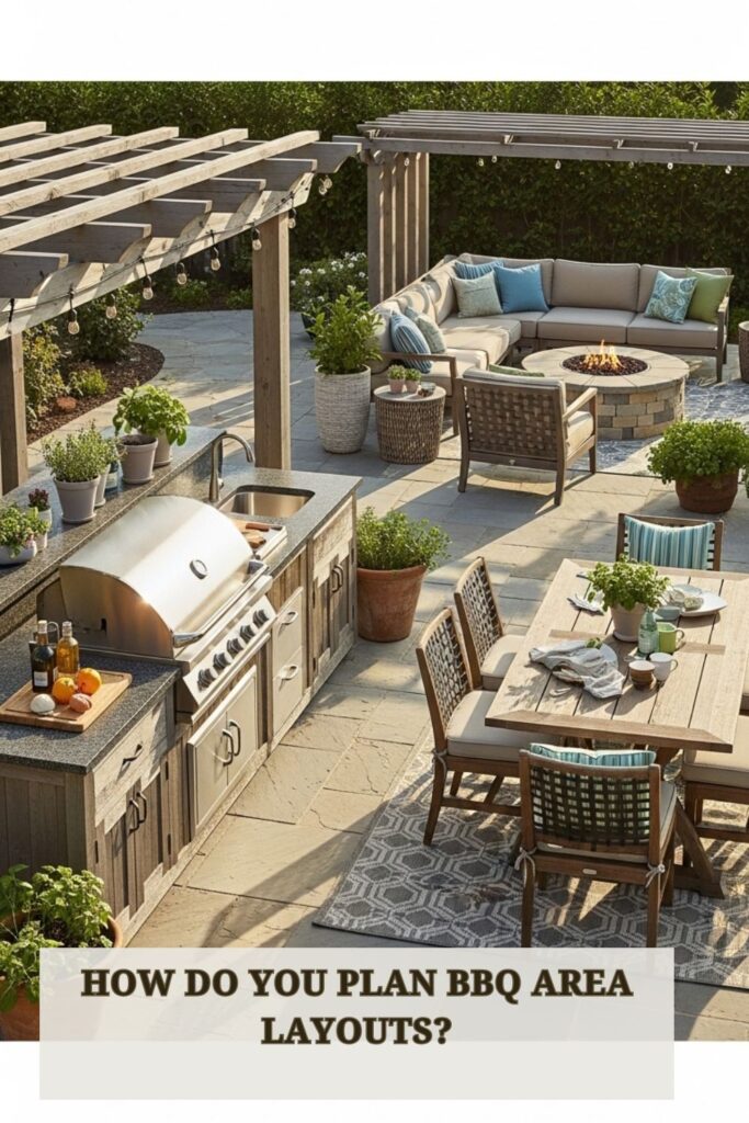 47+ BBQ Area Ideas for Your Patio for Elevate Outdoor Cooking Spaces 2 Well-planned backyard BBQ area layout with grill station, prep counter, seating, and shaded outdoor dining space.