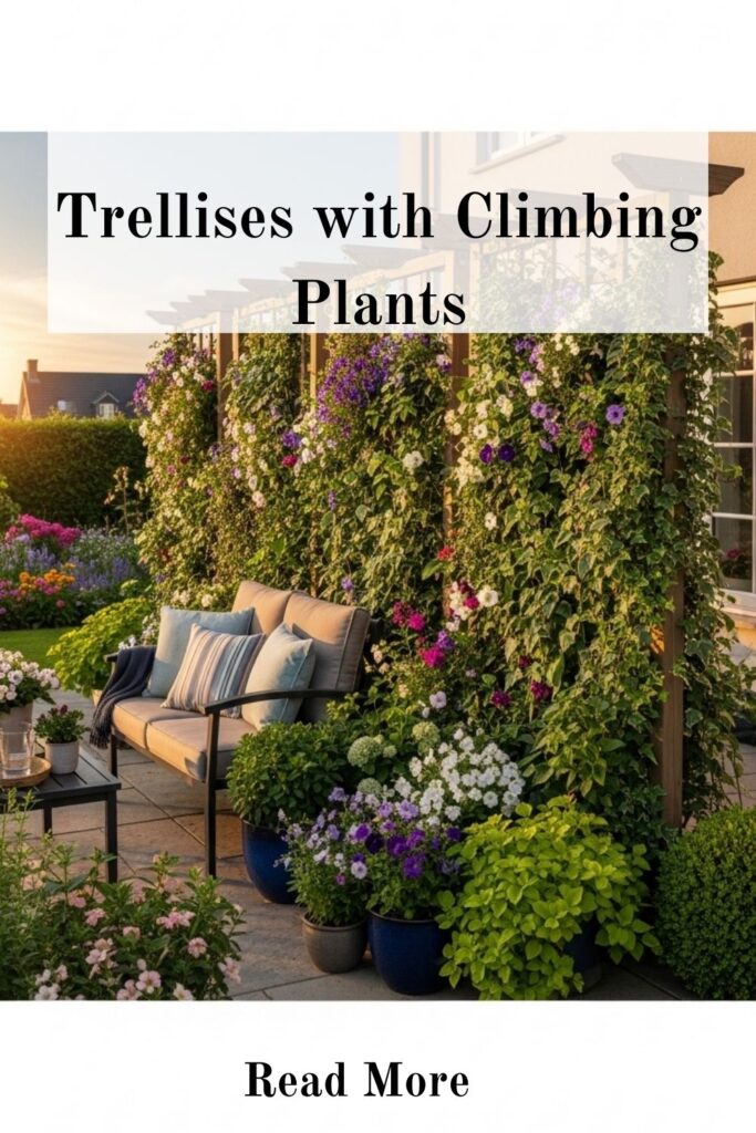 20+ Affordable Backyard Privacy Ideas to Block Neighbors View 3 Wooden garden trellis covered with lush climbing plants and flowering vines creating a natural privacy screen in a backyard.