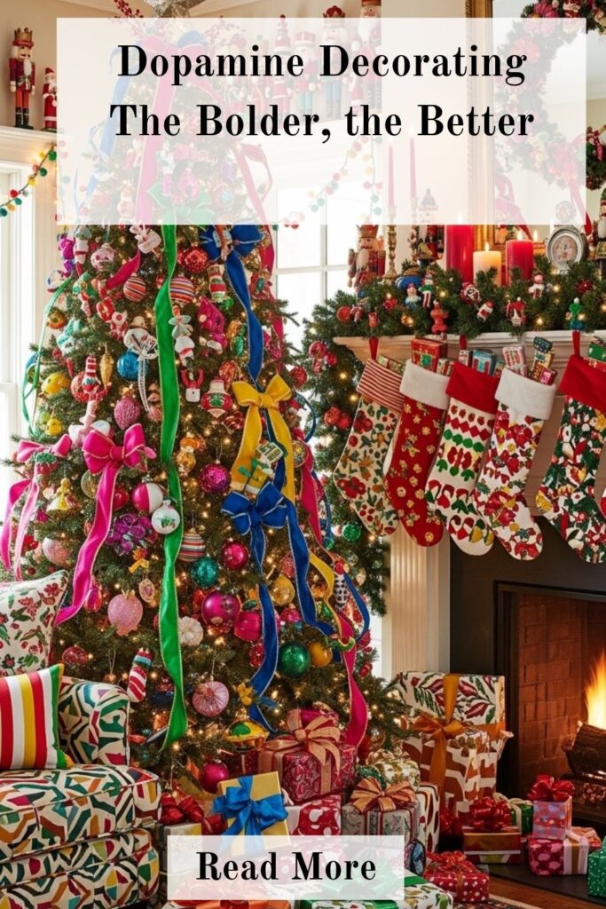 Christmas Decor Trends 2026: The Definitive Guide 2 Colorful Christmas tree with bright ornaments, bold ribbons, and vibrant holiday décor for dopamine decorating.