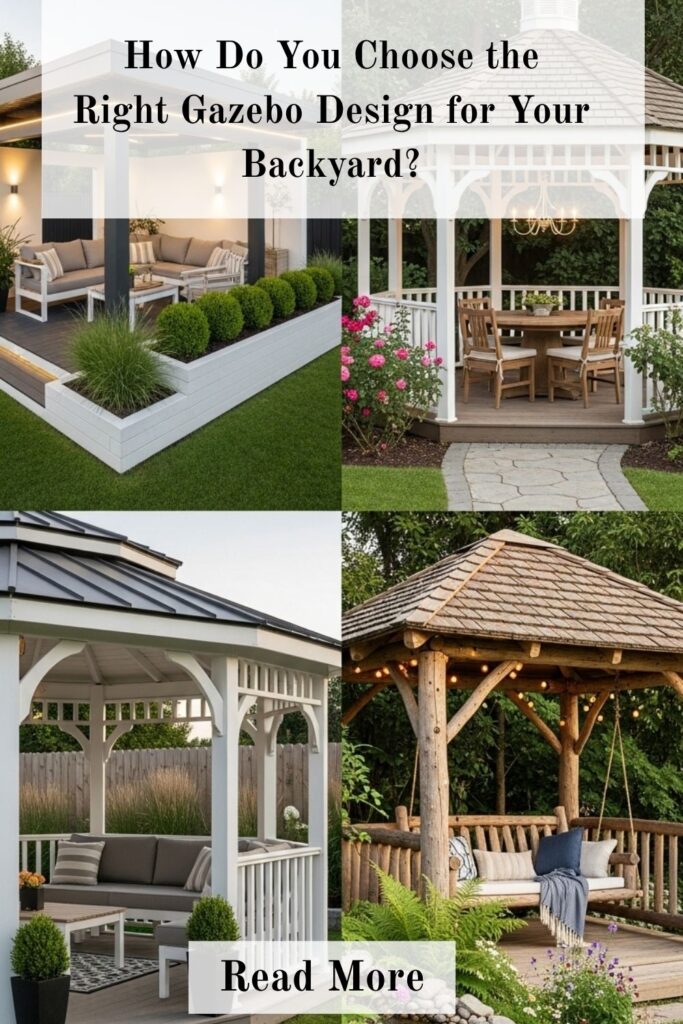 Best Backyard Gazebo Designs for a Beautiful and Relaxing Outdoor Space 2 A visually appealing backyard scene showcasing different gazebo design styles, including modern, traditional, and rustic structures. Each gazebo is thoughtfully placed within landscaped surroundings, featuring cozy seating, decorative lighting, and greenery, illustrating how to choose the right gazebo based on space, style, and functionality.