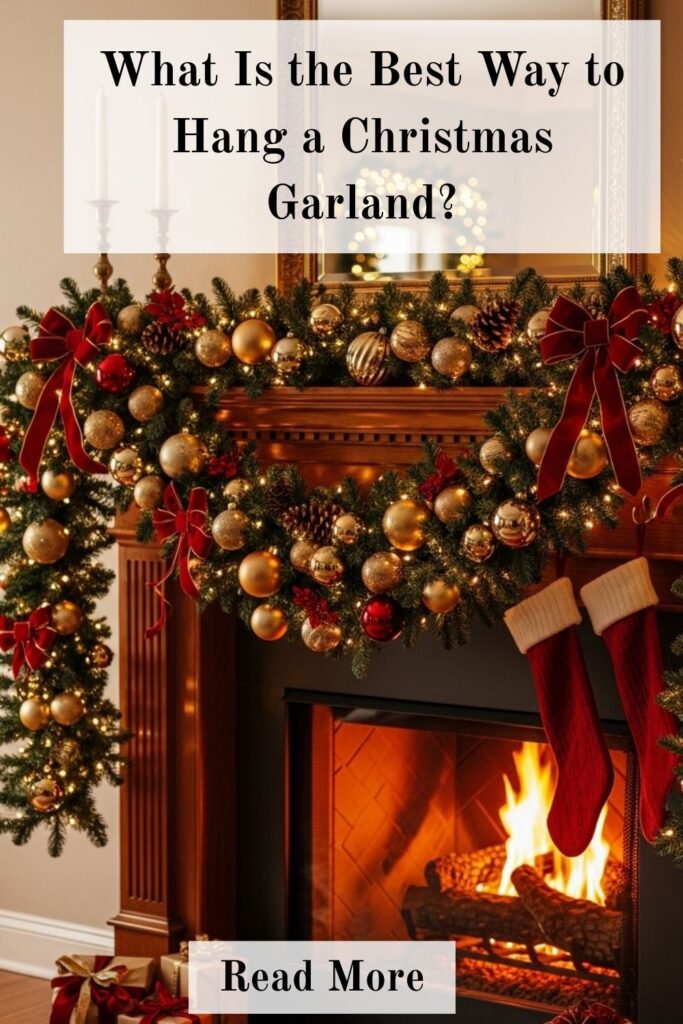 Luxurious Christmas Garland Ideas to Elevate Your Holiday Decor 5 Elegant Christmas garland hung on mantel with gold ornaments, velvet ribbon, pinecones, and warm lights.
