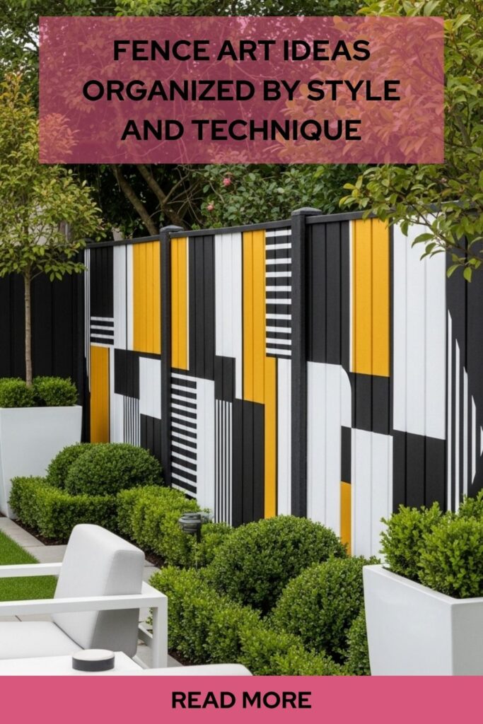 Creative Fence Art Ideas for a Beautiful Outdoor Transformation 2 Fence art ideas organized by style and technique showing modern geometric patterns painted on a wooden backyard fence.