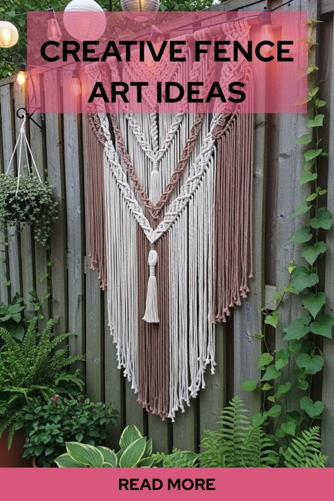 Creative Fence Art Ideas for a Beautiful Outdoor Transformation 3 Fence hanging ideas with macramé and textile art featuring a boho macramé wall hanging on a wooden garden fence.