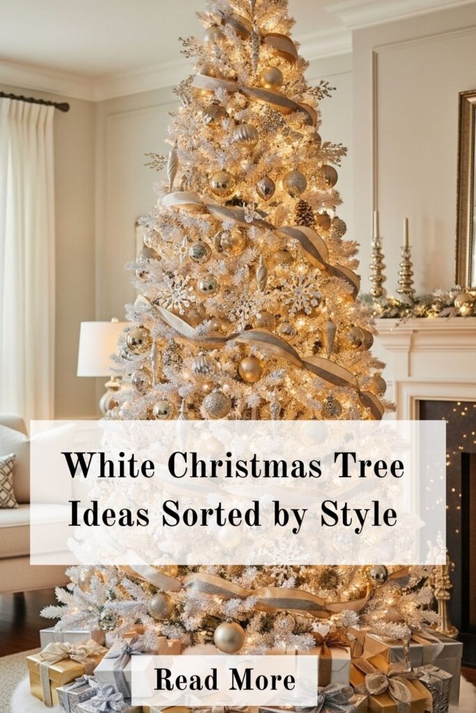 35+ Stunning White Christmas Tree Ideas You've Got to See 2 Glam white Christmas tree decorated with gold ornaments, crystal accents, and warm white lights.