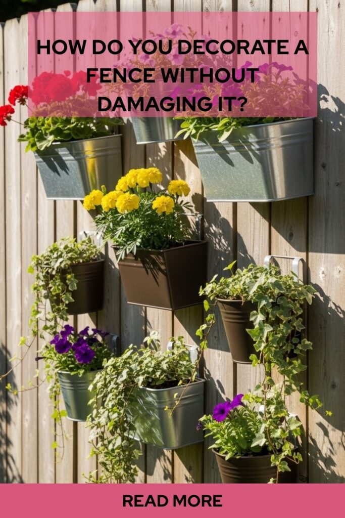 Creative Fence Art Ideas for a Beautiful Outdoor Transformation 5 How do you decorate a fence without damaging it using clip-on planters and removable hooks on a wooden garden fence.
