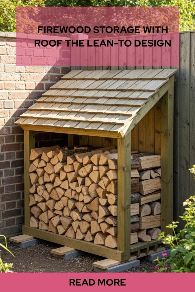 Outdoor Firewood Storage Ideas for Smart, Stylish, and Practical Solutions 3 Lean-to firewood storage with a sloped roof protecting neatly stacked logs in an outdoor backyard space.