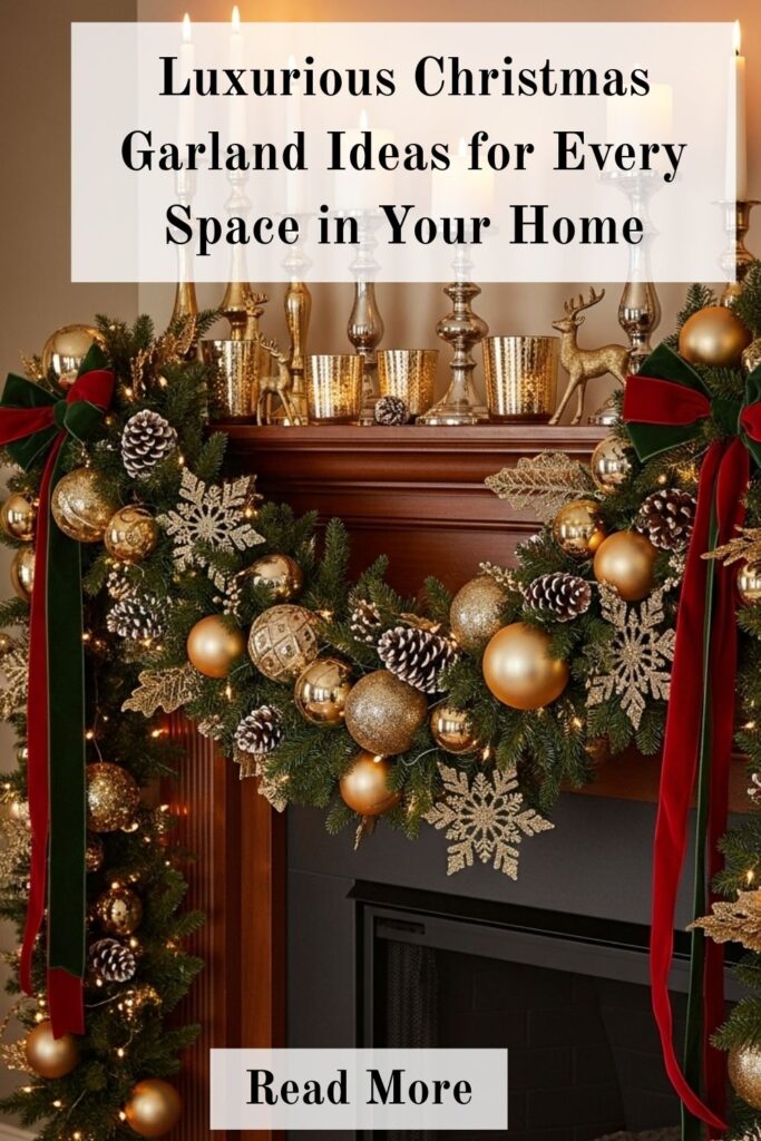 Luxurious Christmas Garland Ideas to Elevate Your Holiday Decor 2 Luxurious Christmas garland on fireplace mantel with gold ornaments and velvet ribbon.