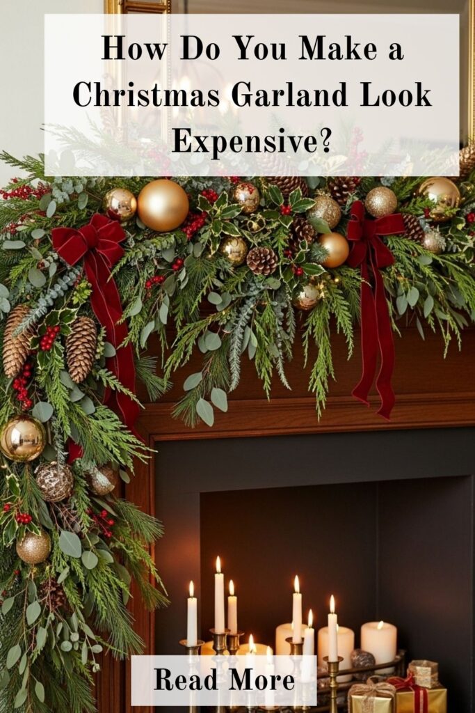 Luxurious Christmas Garland Ideas to Elevate Your Holiday Decor 4 Luxurious Christmas garland with gold ornaments, velvet ribbon, pinecones, and warm fairy lights on mantel.
