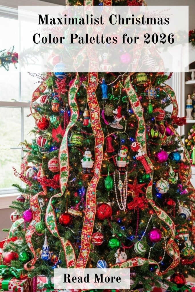 Christmas Decor Trends 2026: The Definitive Guide 4 Maximalist Christmas tree with bold colorful ornaments, ribbons, and eclectic vibrant holiday décor for 2026.