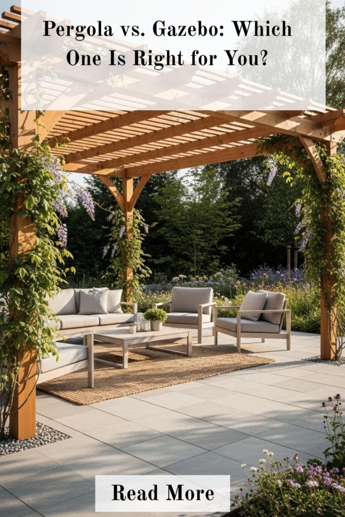 Best Backyard Gazebo Designs for a Beautiful and Relaxing Outdoor Space 5 Modern pergola with slatted roof, outdoor seating, and greenery creating an open and airy backyard space.