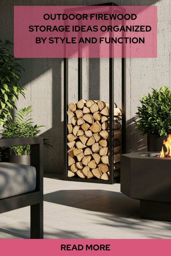 Outdoor Firewood Storage Ideas for Smart, Stylish, and Practical Solutions 2 Outdoor firewood storage ideas with a modern black metal rack holding stacked logs on a patio.