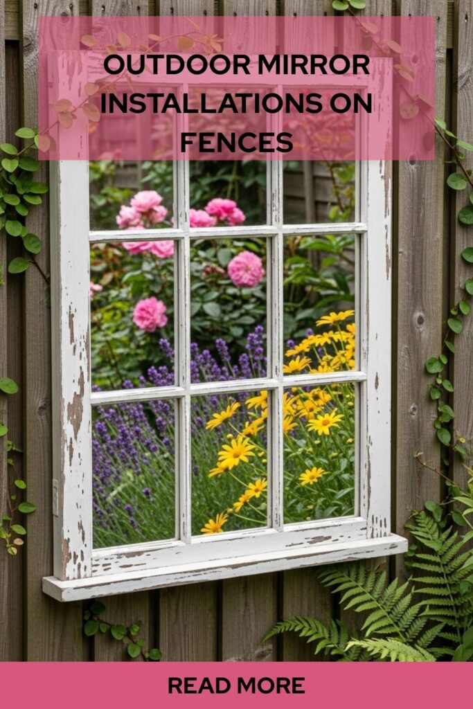 Creative Fence Art Ideas for a Beautiful Outdoor Transformation 4 Outdoor mirror installations on fences featuring a vintage window frame mirror mounted on a rustic garden fence.
