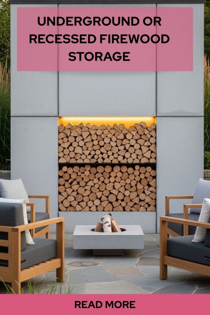 Outdoor Firewood Storage Ideas for Smart, Stylish, and Practical Solutions 4 Underground or recessed firewood storage built into a patio wall with neatly stacked logs beside an outdoor fireplace.
