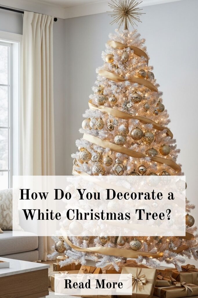 35+ Stunning White Christmas Tree Ideas You've Got to See 4 White Christmas tree decorated in gold and champagne theme with metallic ornaments and ribbon.