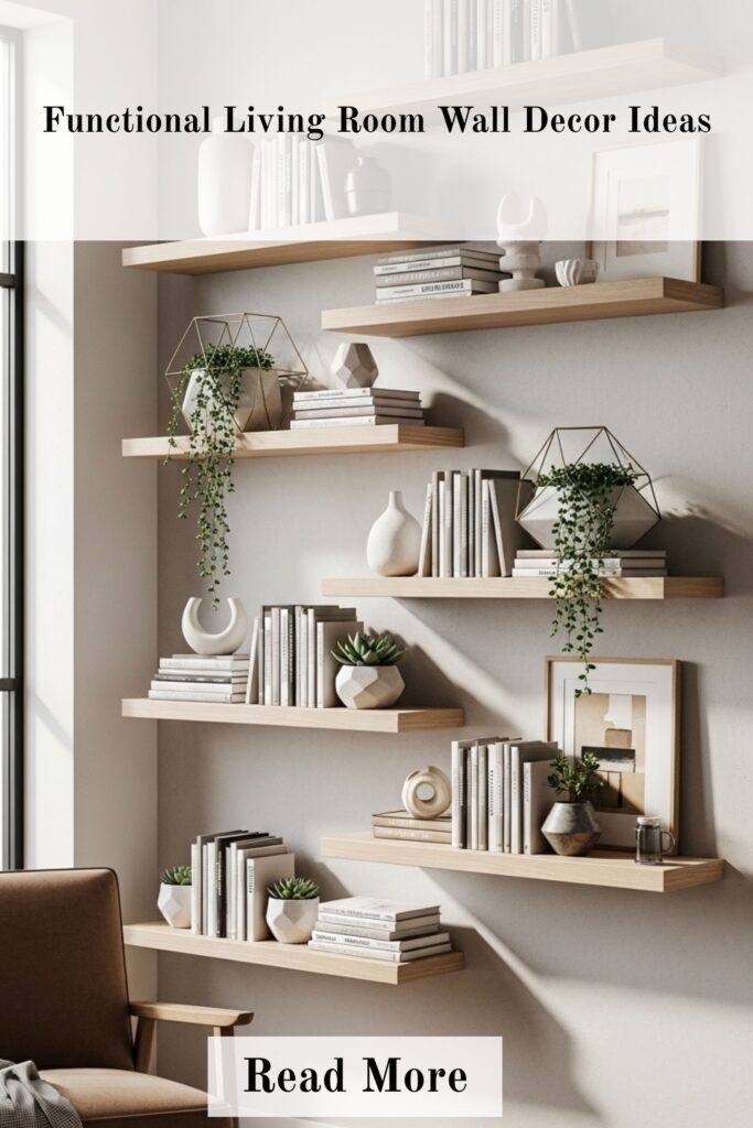 Best Living Room Wall Decor Ideas to Create a Stylish and Cozy Home 5 Functional living room wall with floating shelves holding books, plants, and decor