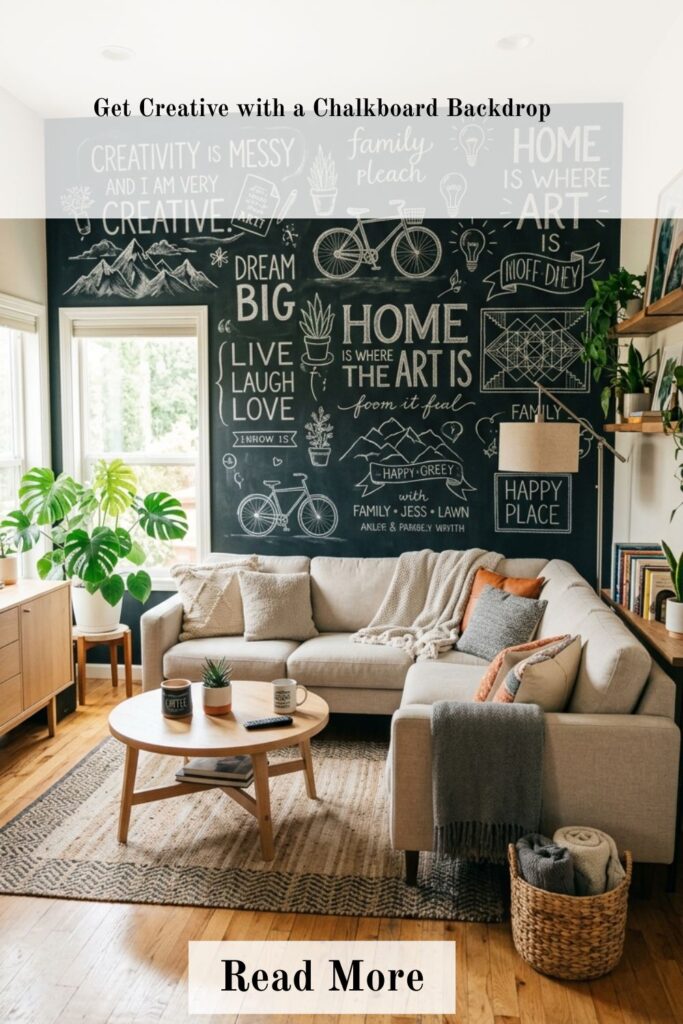 30 Best Living Room Paint Ideas for a Warm and Inviting Space 4 Living room with chalkboard wall featuring creative drawings and quotes