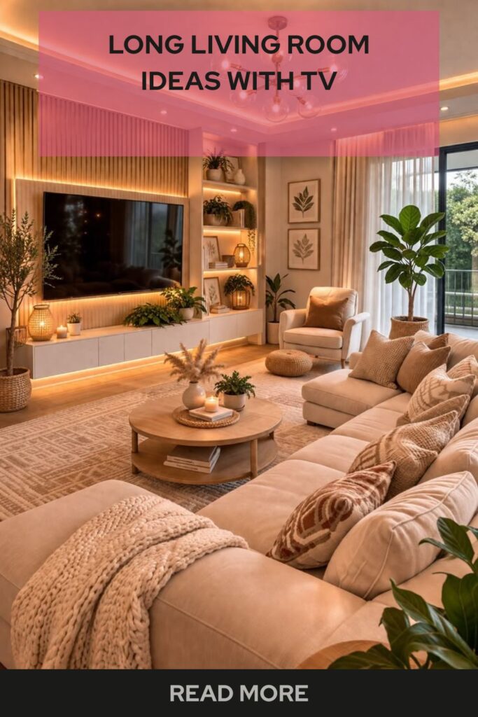 Best Awkward Living Room Layout Ideas to Improve Flow and Comfort 2 Long living room design with TV placement ideas, balanced furniture arrangement, cozy seating, and optimized layout for comfort and viewing.