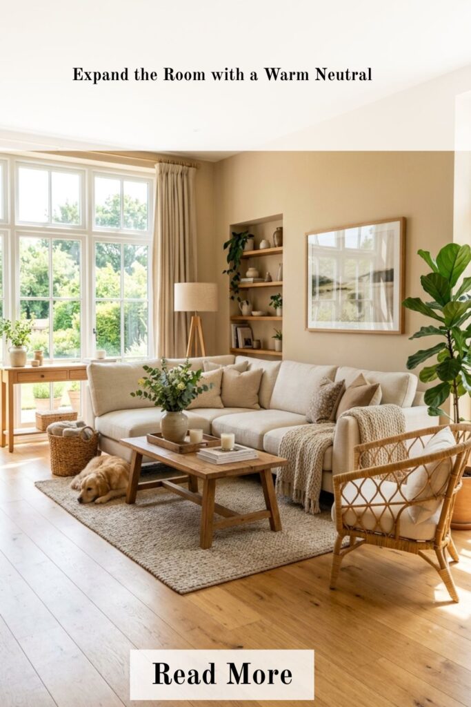 30 Best Living Room Paint Ideas for a Warm and Inviting Space 3 Warm neutral living room with beige walls and light furniture creating an open feel