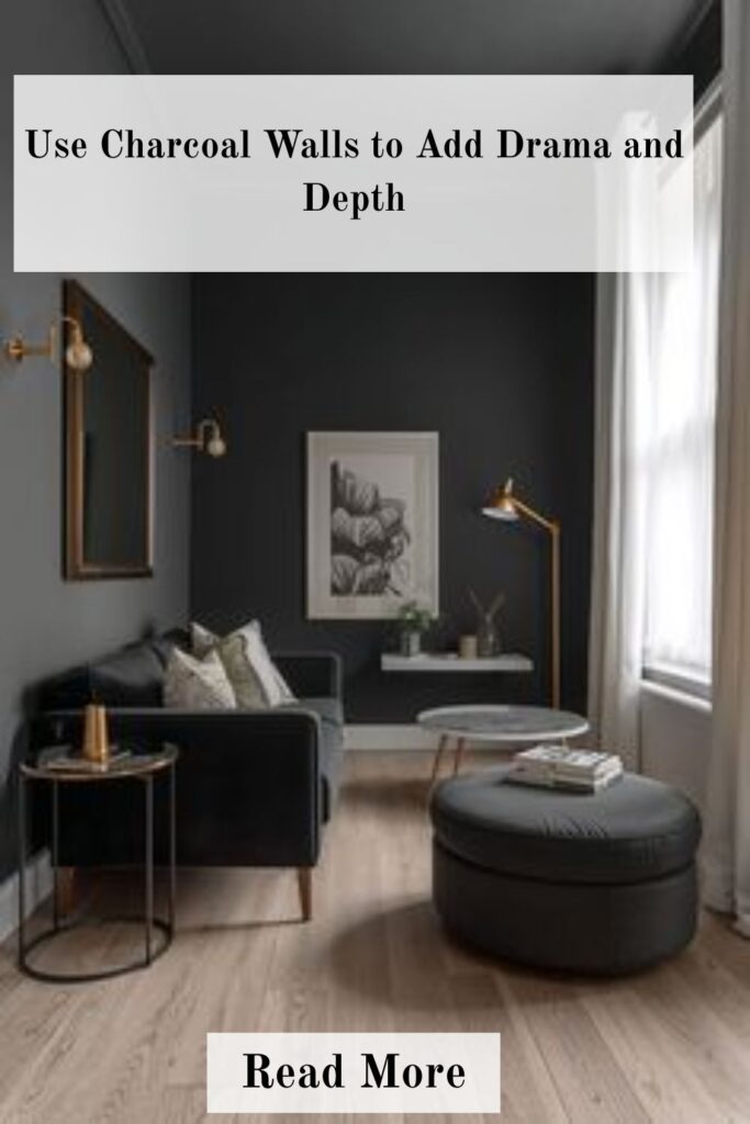 Grey Living Room Ideas to Create a Calm, Cozy, and Elegant Home 2 Charcoal-painted living room walls adding drama and depth, complemented by stylish furniture, layered textures, and modern decor for a bold, elegant look