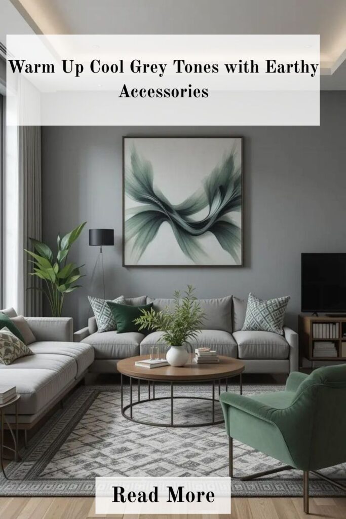 Grey Living Room Ideas to Create a Calm, Cozy, and Elegant Home 4 Grey living room enhanced with earthy accessories, warm-toned cushions, natural textures, and decorative accents that create a cozy and balanced atmosphere.