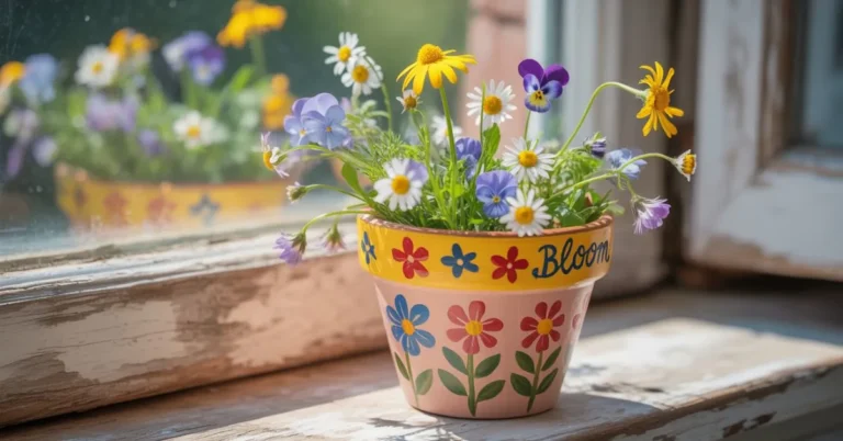 Cutest flower pot with hand-painted designs and colorful flowers inside.