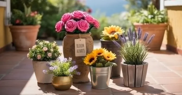 Colorful fake flower pot ideas displayed on a patio with lifelike roses, daisies, and hydrangeas in decorative containers.