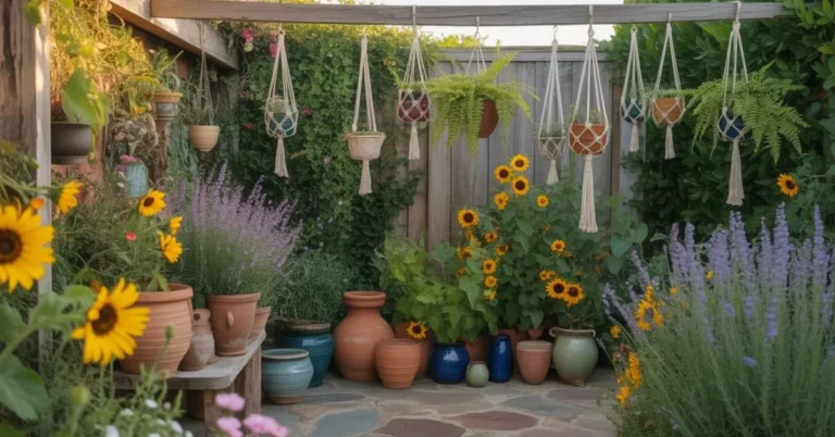 bohemian backyard garden with macrame planters and wildflowers – hippie garden ideas