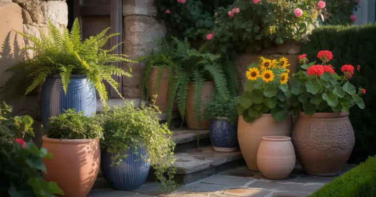 arge flower pot ideas with oversized ceramic containers filled with colorful flowers and greenery in a garden setting.