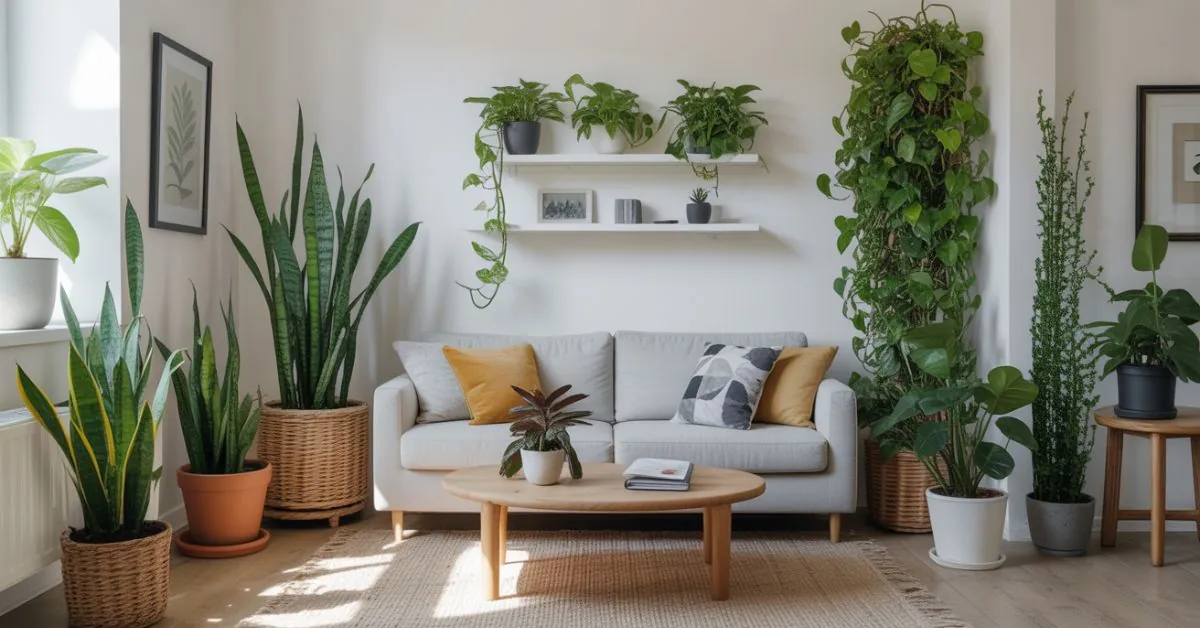 low light house plants arranged in a modern living room corner with snake plant and pothos.