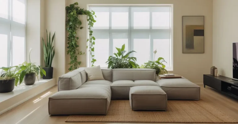 Living room with snake plant, pothos, and peace lily styled as low light house plants.